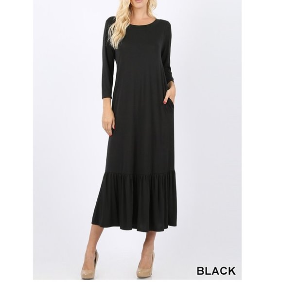 Black Maxi 3/4 Sleeve Ruffle Hem - Loose fitting black maxi - Picture 3 of 5